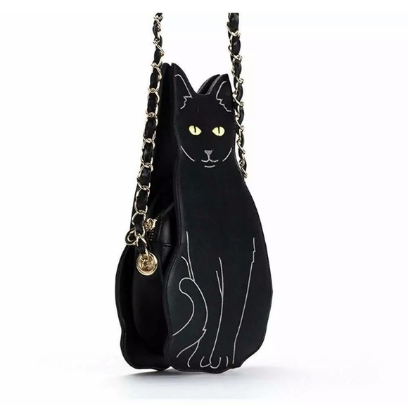 Black cat kitty crossbody purse gold chain kitten - Picture 10 of 13